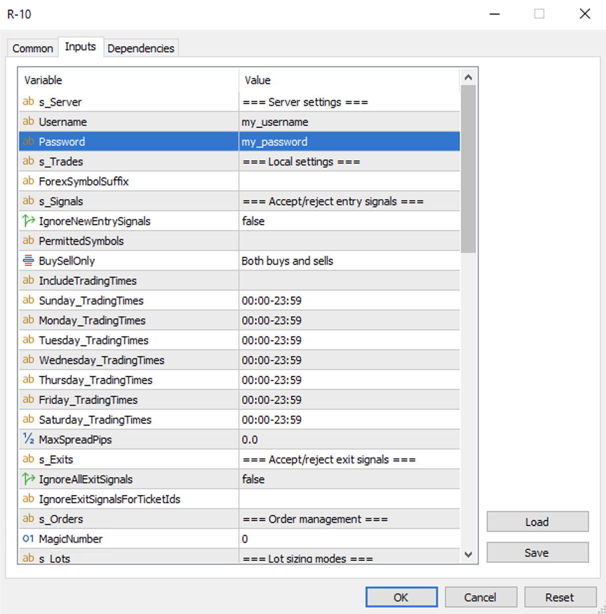 R-10 inputs tab credentials