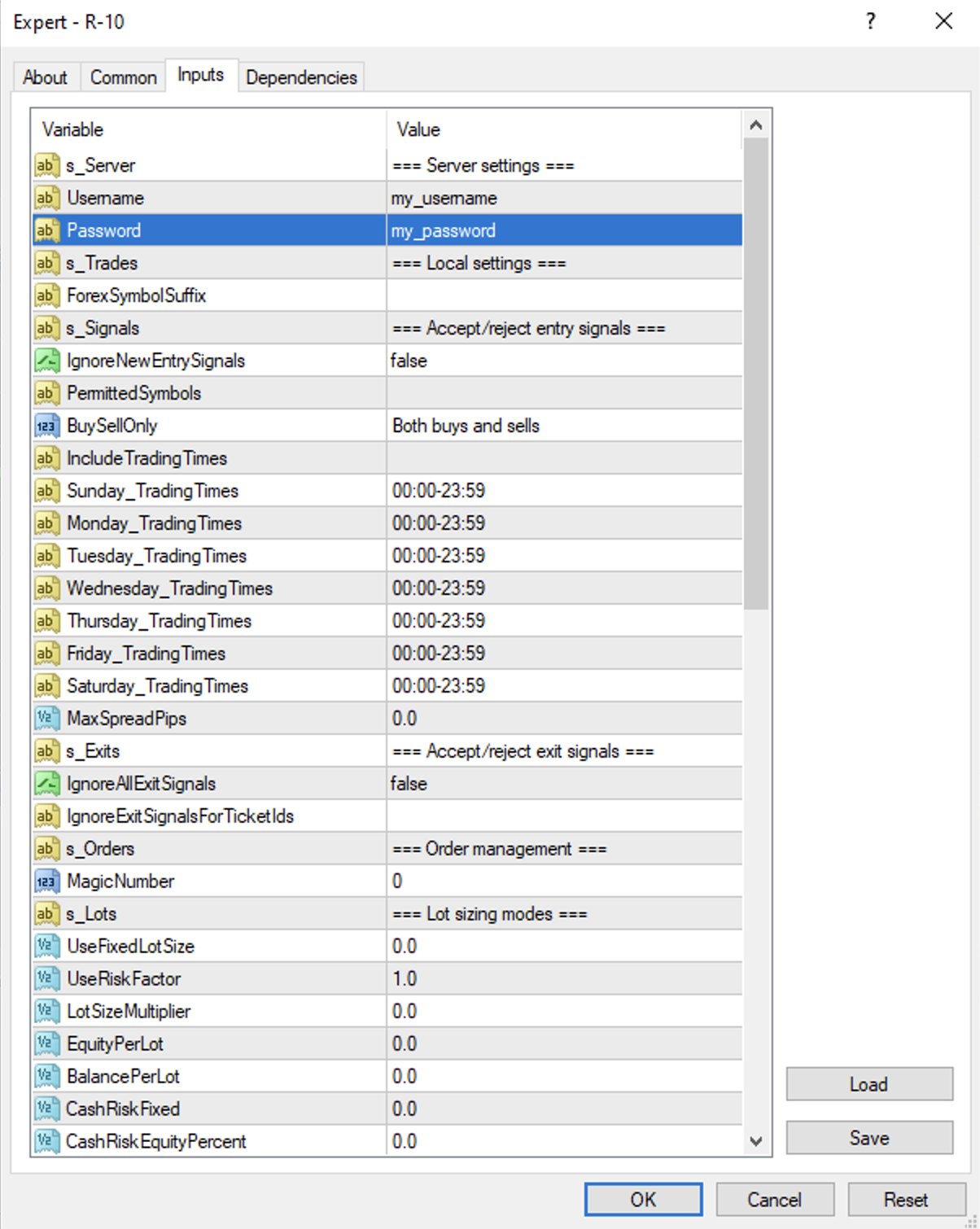 R-10 inputs tab credentials