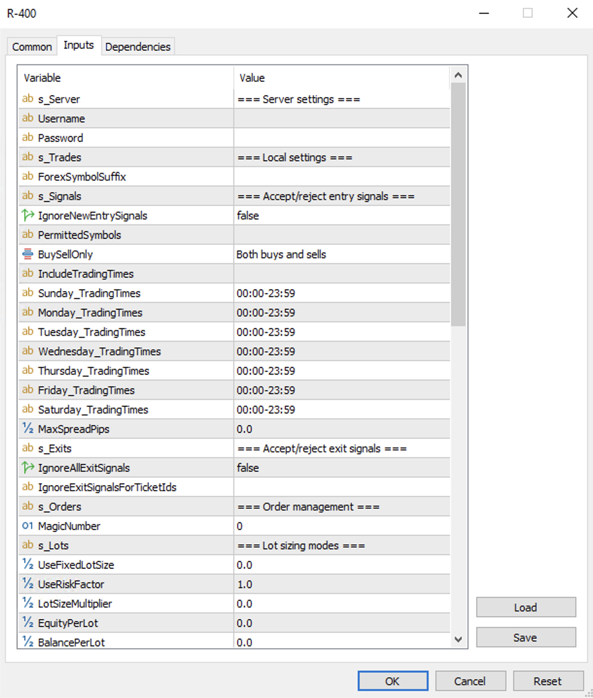 R-400 inputs tab