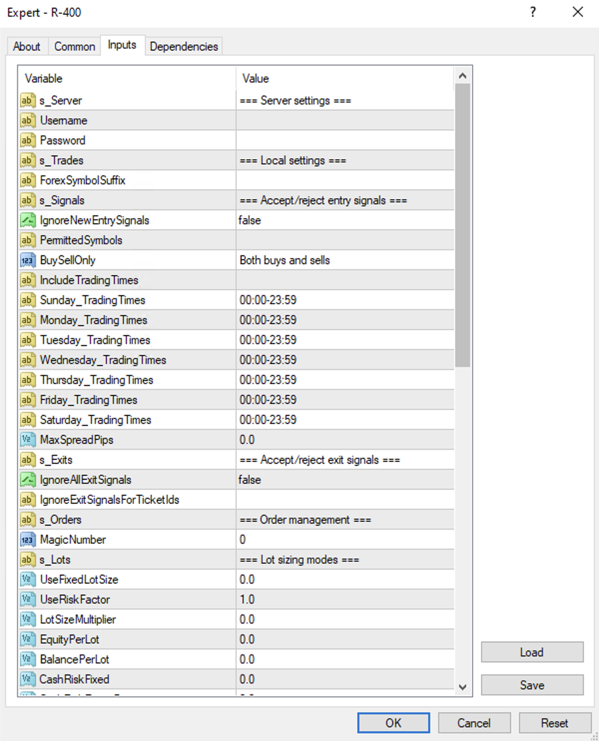 R-400 inputs tab