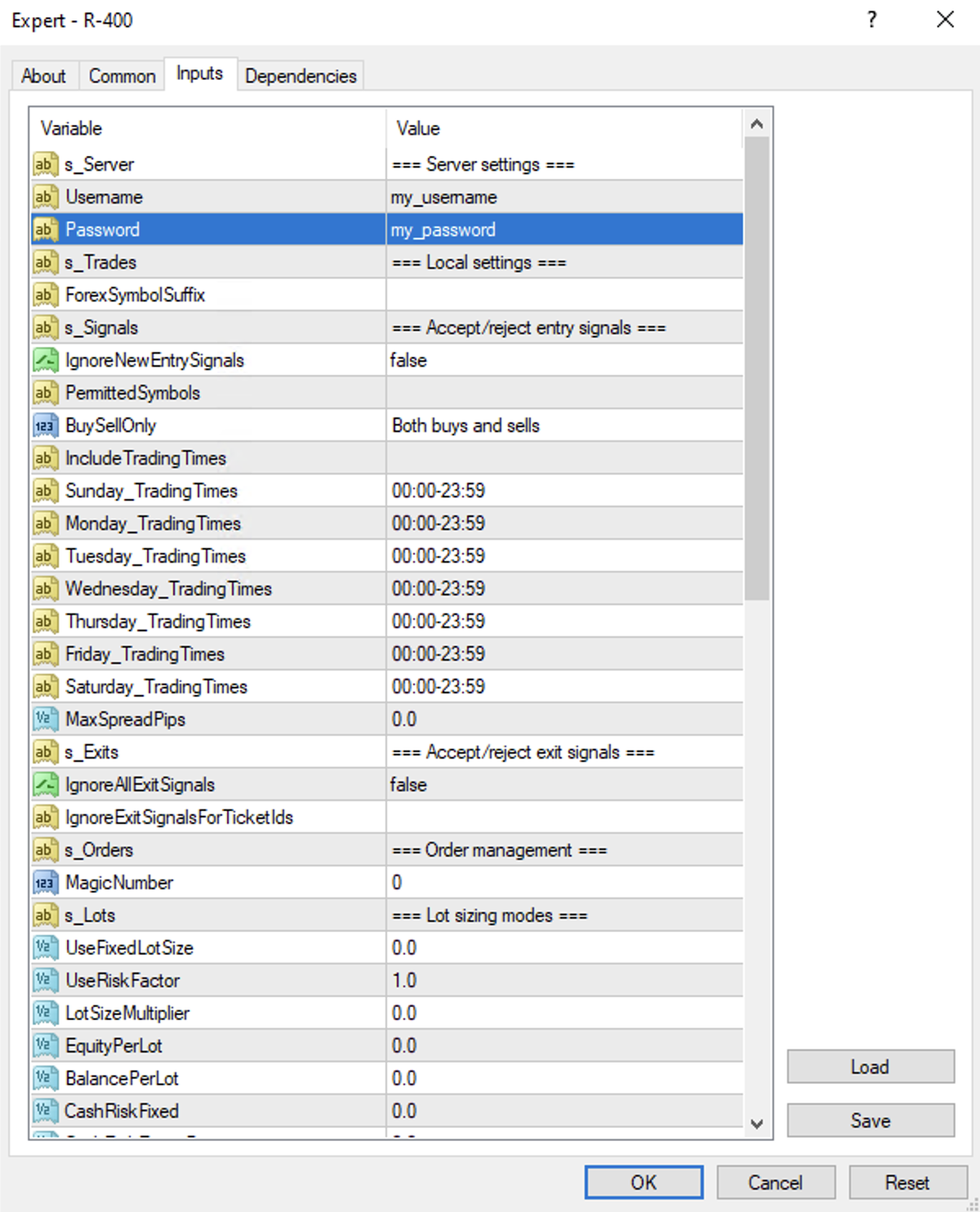 R-400 inputs tab credentials