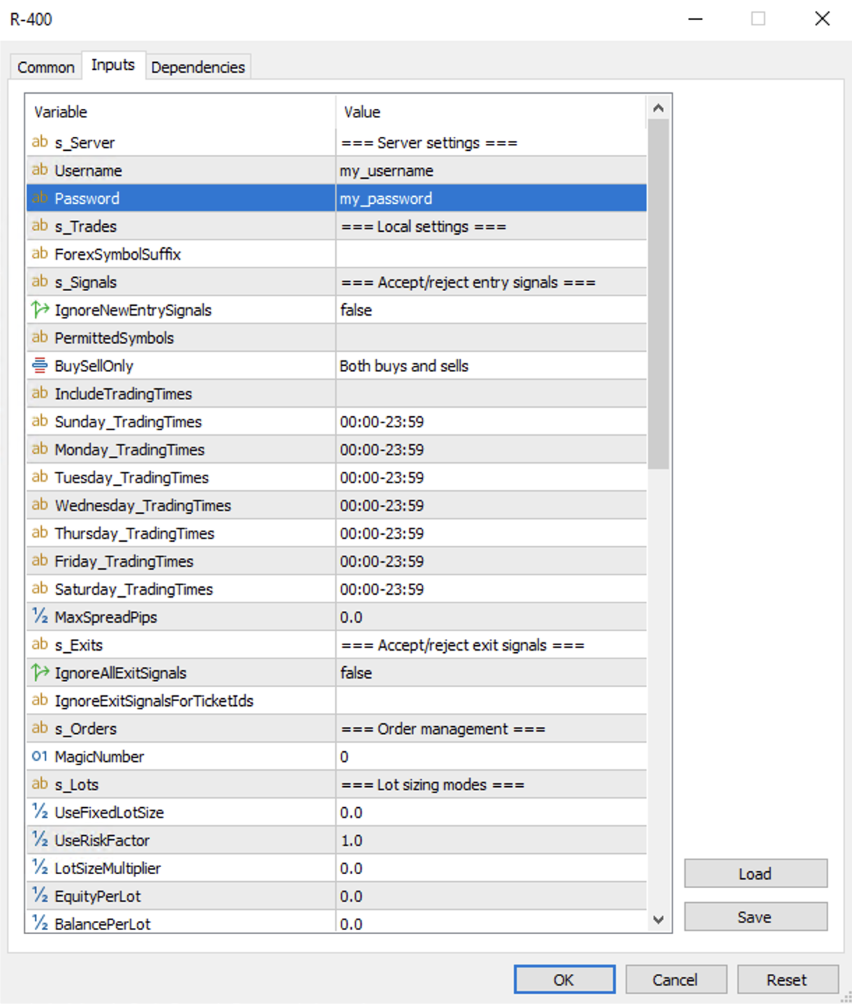 R-400 inputs tab credentials