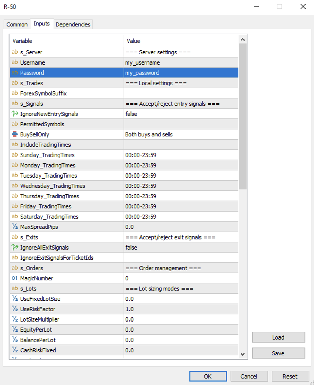 R-50 inputs tab credentials