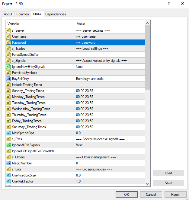 R-50 inputs tab credentials