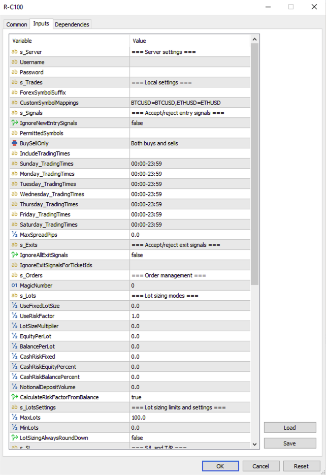 R-C100 inputs tab