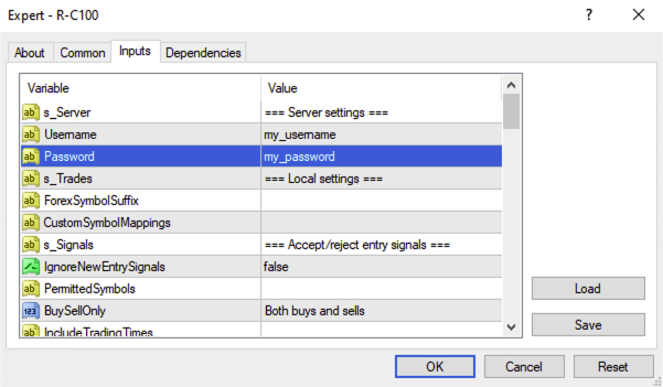 R-C100 inputs tab credentials