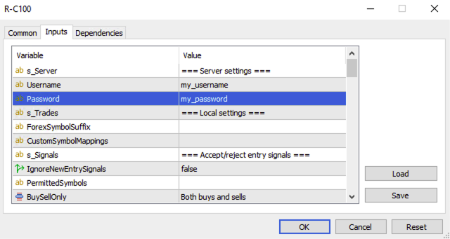 R-C100 inputs tab credentials