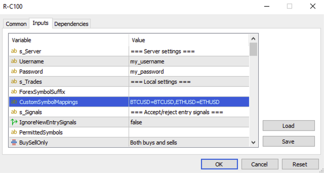 R-C100 inputs tab symbol mappings