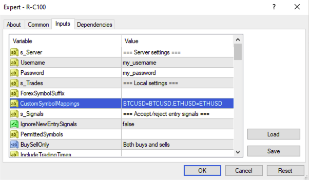 R-C100 inputs tab symbol mappings